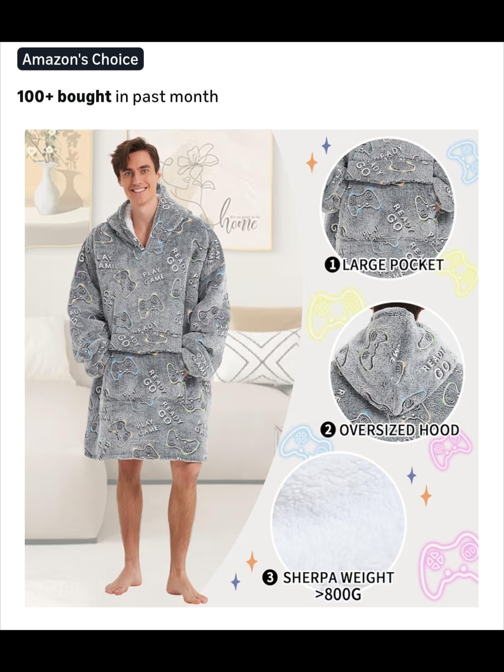 Cozy Gray Game Controller Sherpa Hoodie Robe
